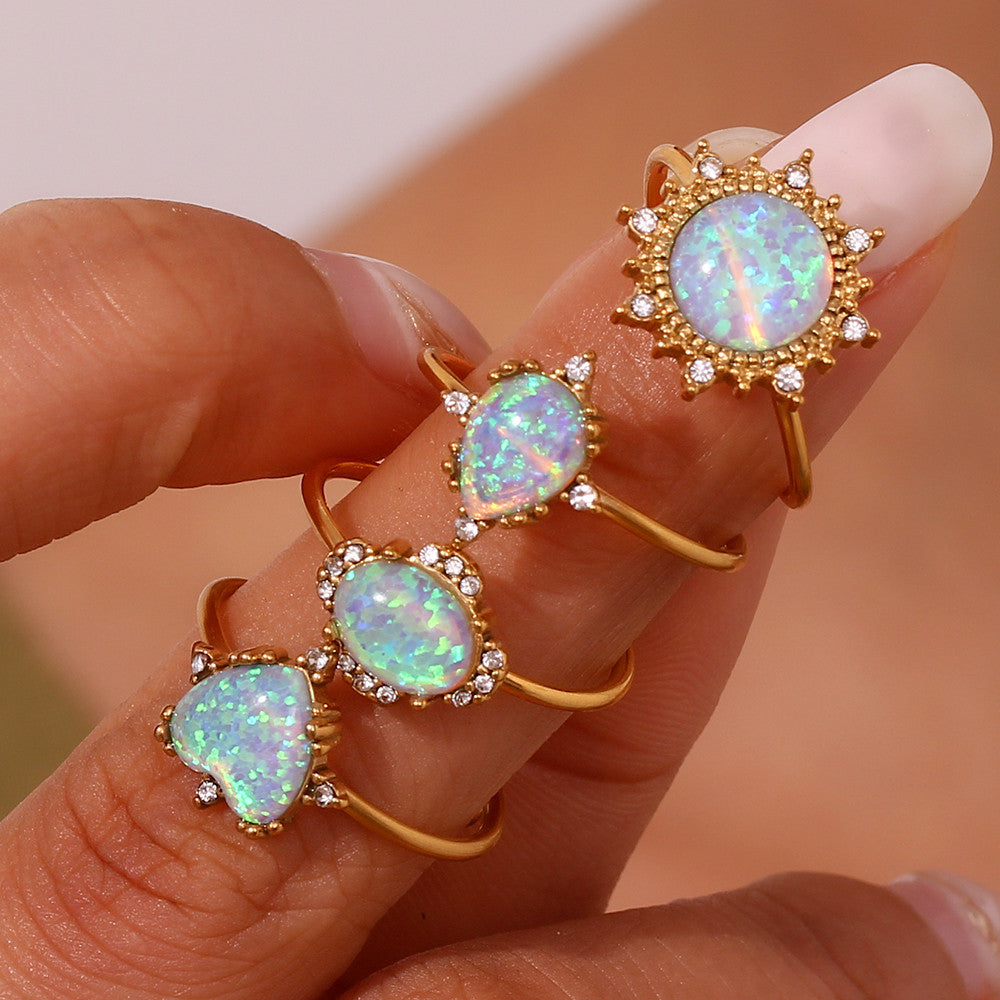 18k Gold Adjustable Circle Heart Sun Teardrop Natural Opal Stone Waterproof Rings