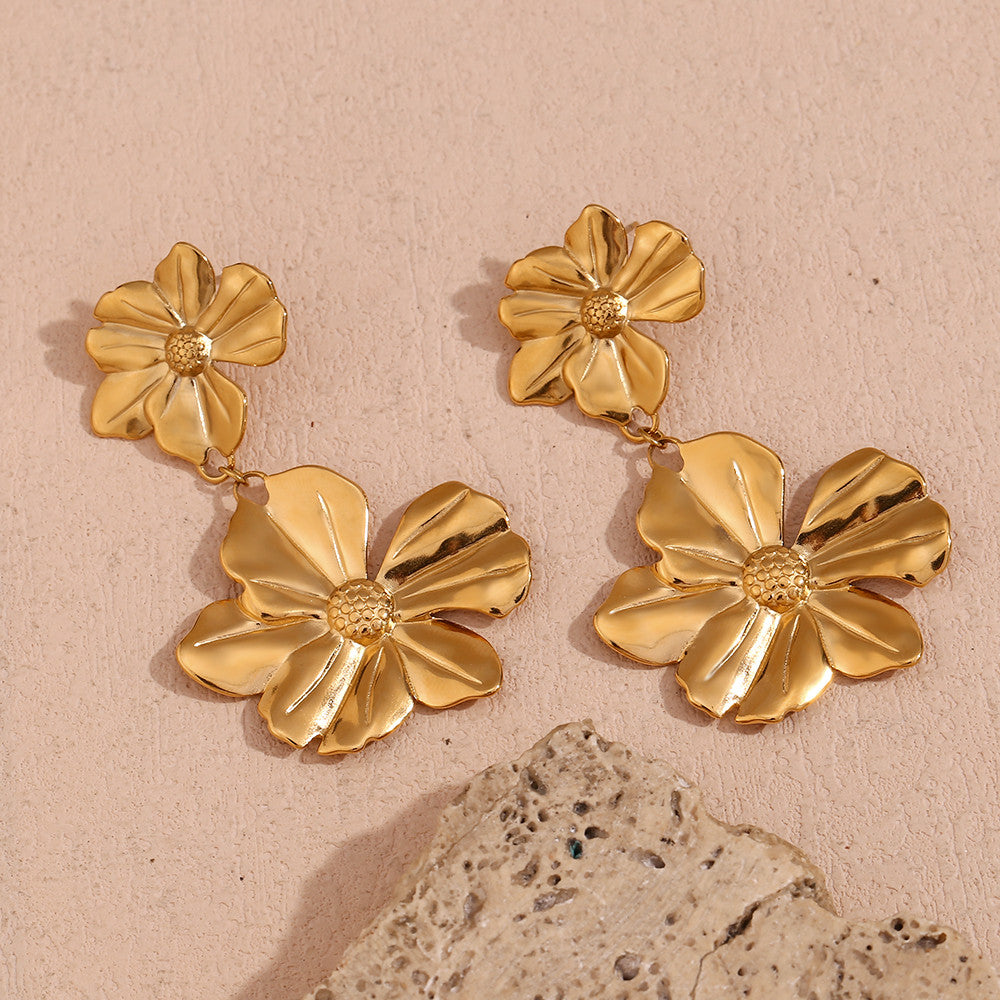 18k Gold Two Flower Stitching Drop Waterproof Tarnish Free Stainless Steel Earrings