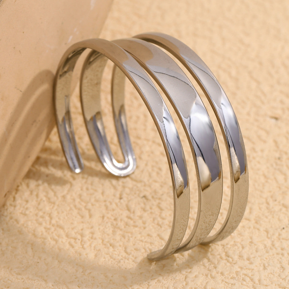 Ladies 18k Gold Stainless Steel Waterproof Wide Face Three Layer Bracelet