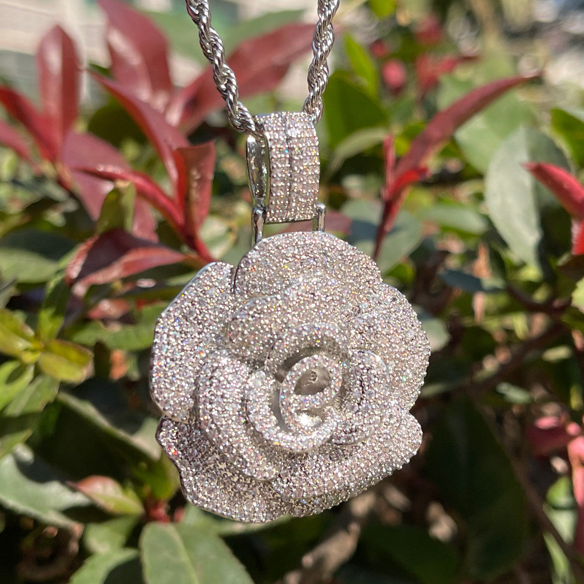 Sweet Diamond Rose | Ladies Iced Rose Flower Bling Superstar Chain Necklace