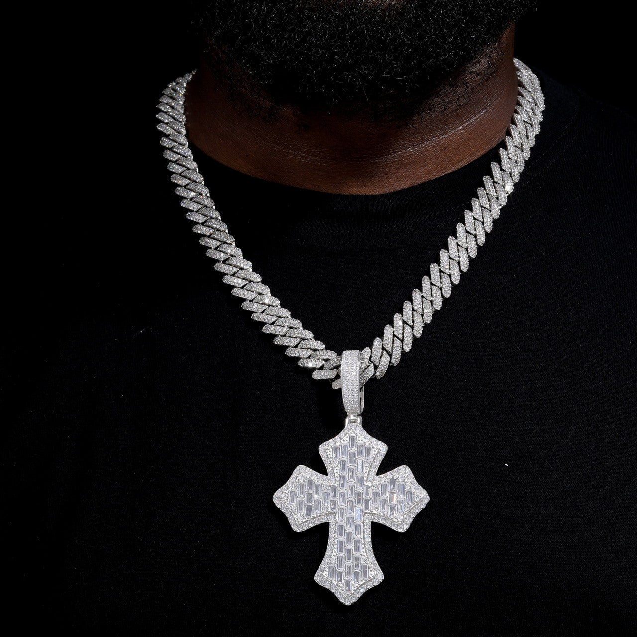 Cross Shield | Solid 925 Sterling Silver Moissanite Diamond Baguette Hip Hop Pendant