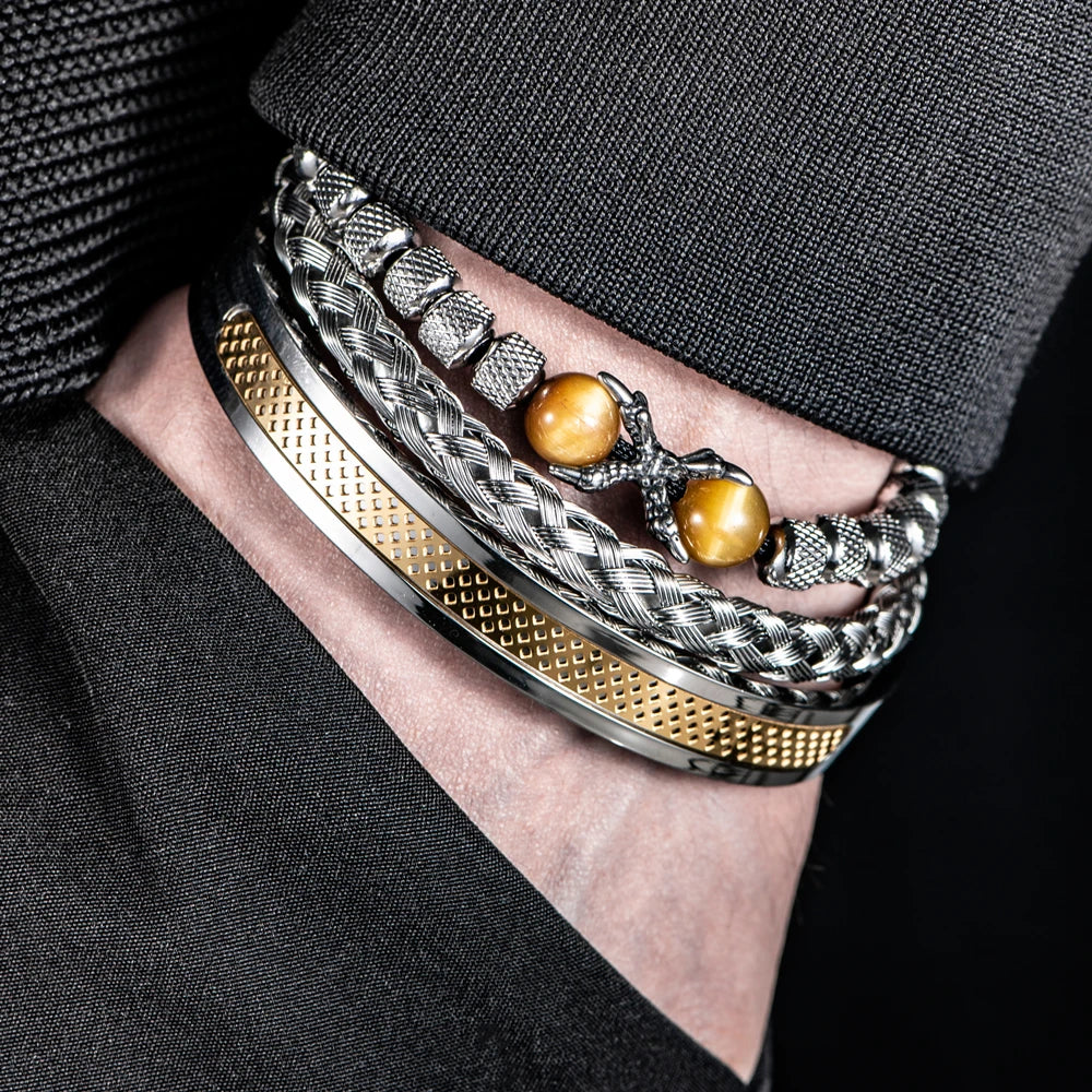 Primal | Tigers Eye Eagles Talon 3 Piece Natural Stone Stainless Steel Bracelet Set