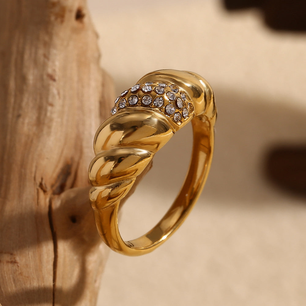 Ladies 18k Gold CZ Croissant Shape Stainless Steel Water Resistant Tarnish Free Rings