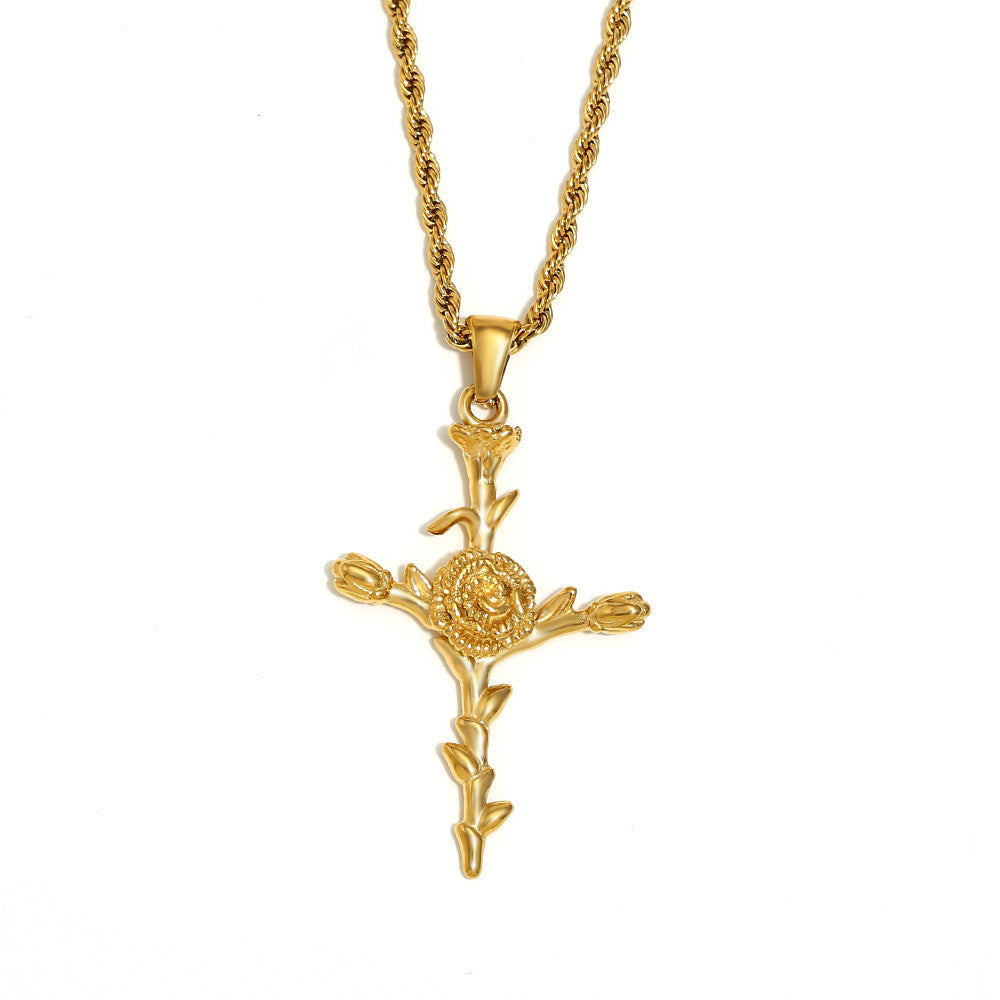 Women's 18k Gold Waterproof Designer Birth Month Flower Cross Tarnish Free Necklace