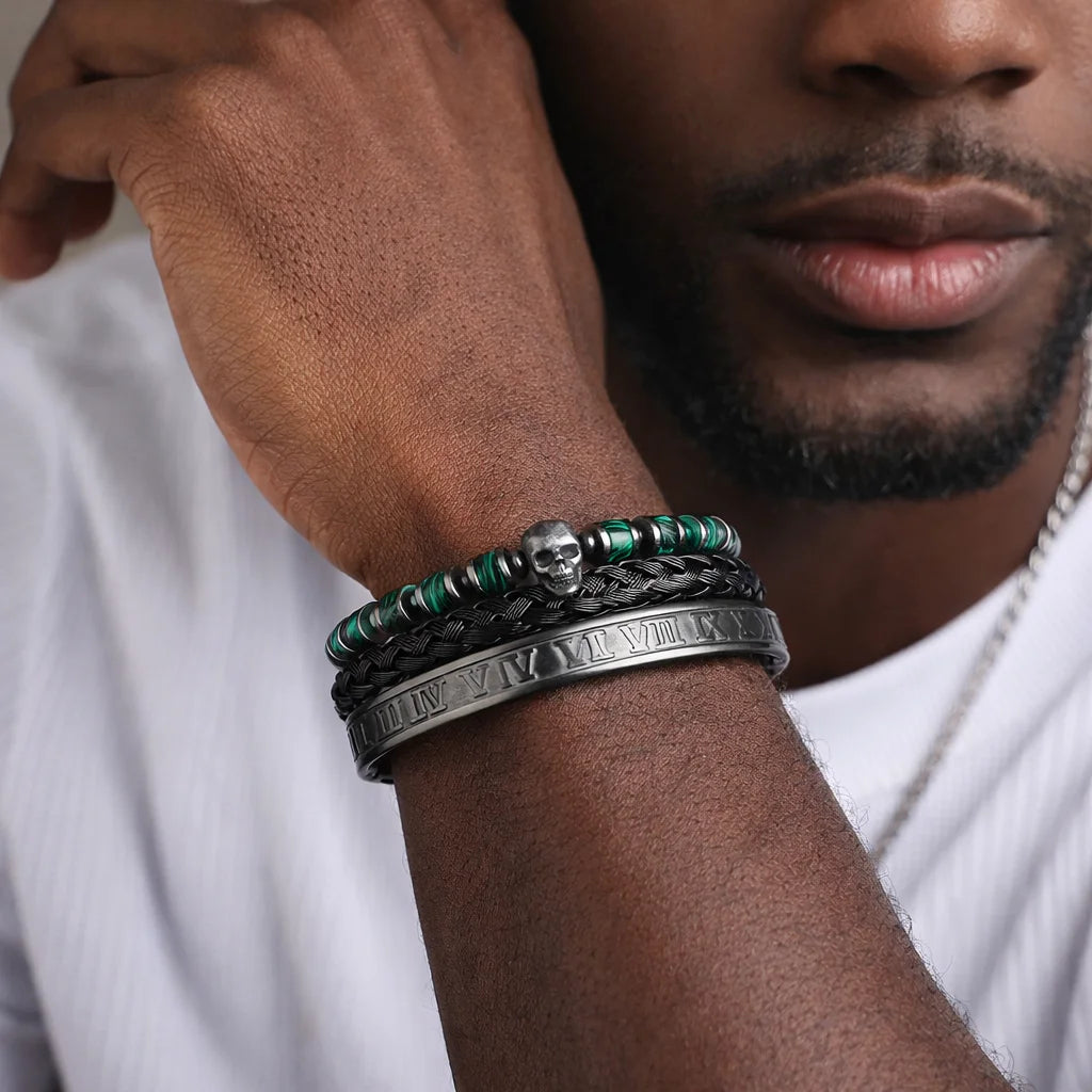 Skull Fire | Luxury 3pcs/set Men's Natural Stone Beads Hip Hop Bracelet Set