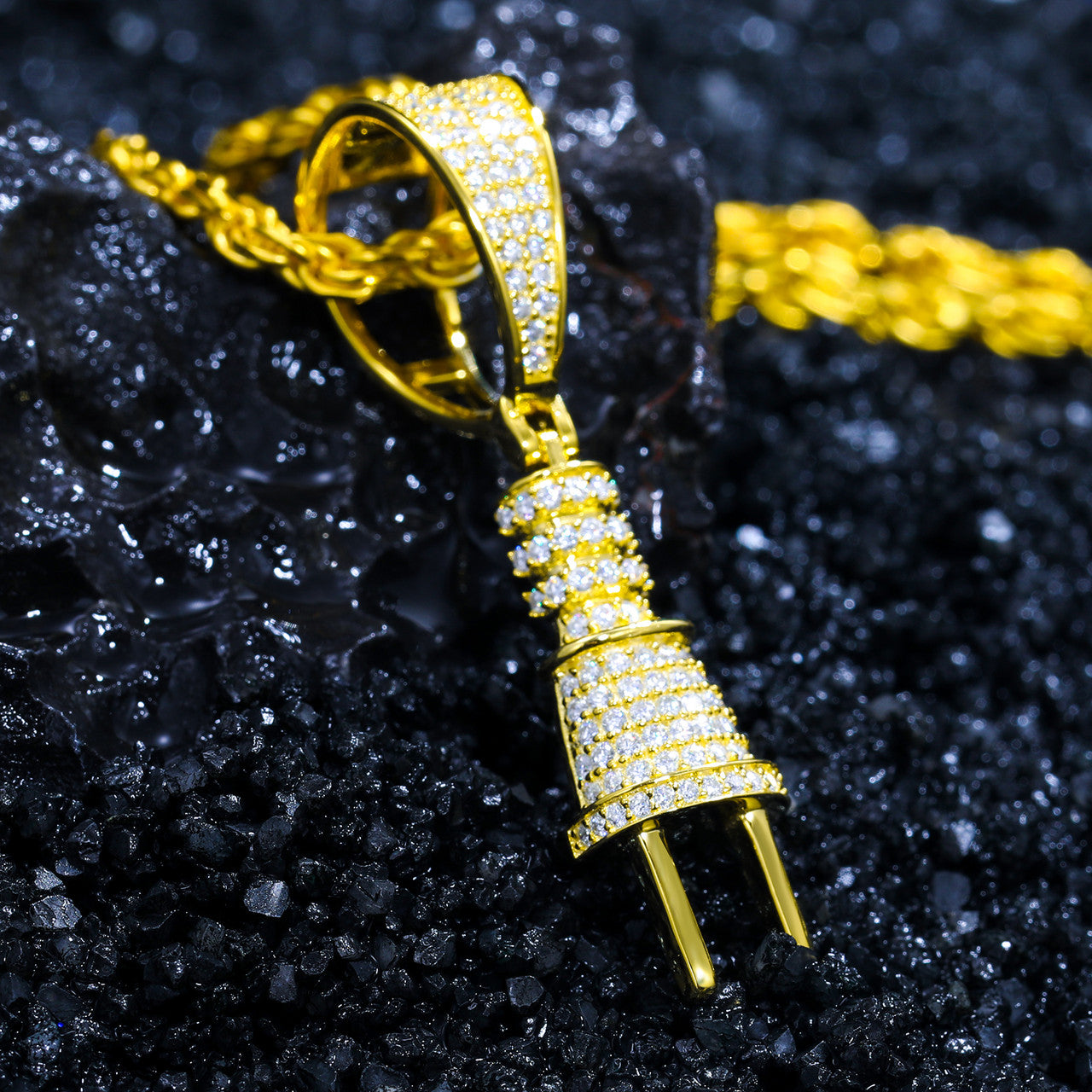 Mens Sterling Silver VVS Diamond Power Plug Hip Hop Pendant Chain Necklace