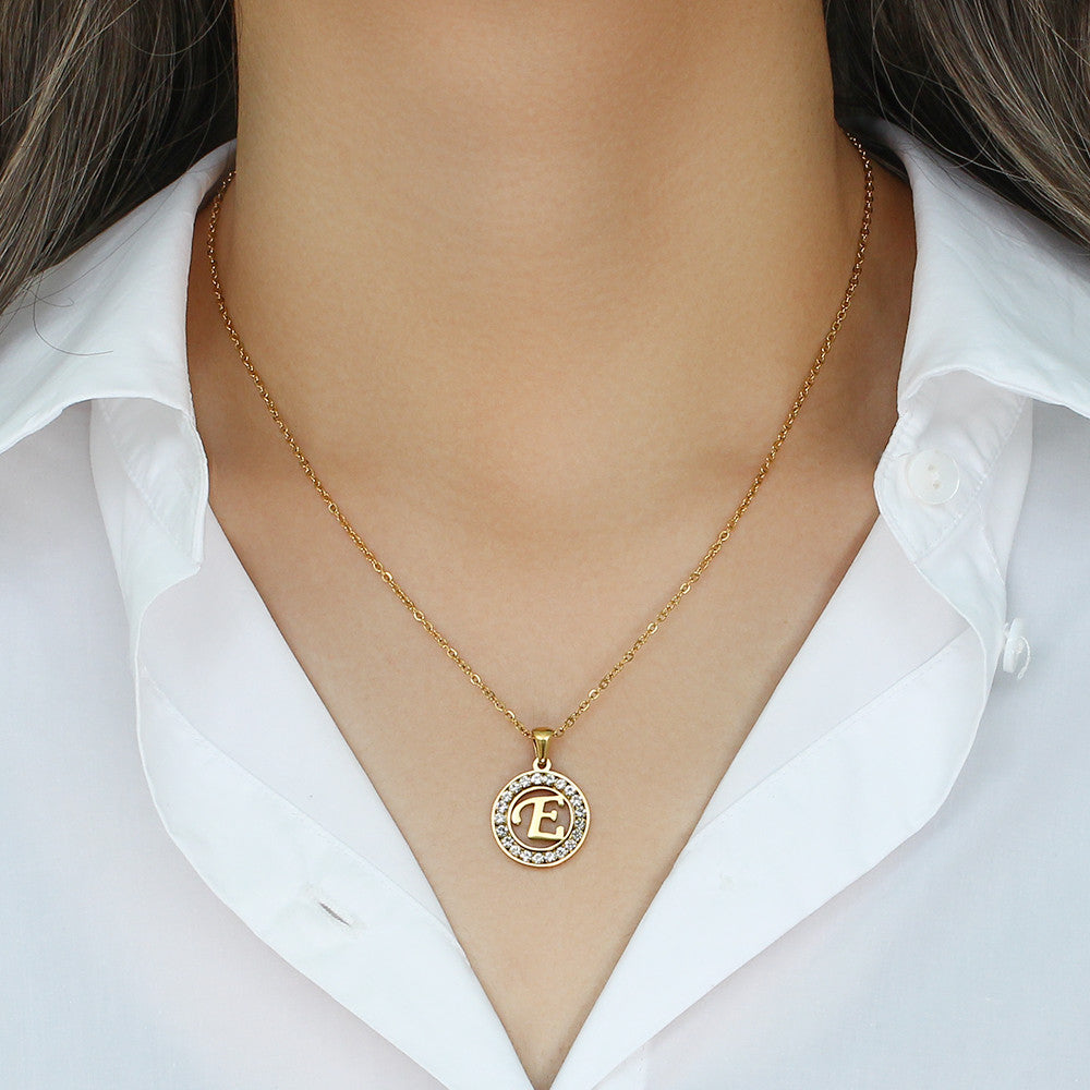18k Gold Waterproof Hollow Round CZ Paved 26 Alphabet Initial Necklace