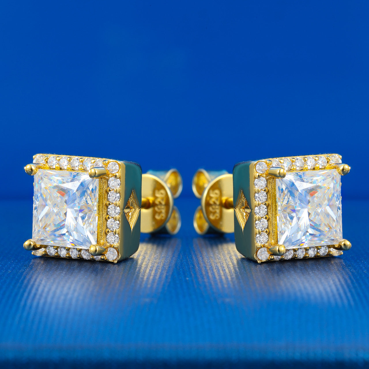 925 Sterling Silver Moissanite Diamond Halo Stud Hip Hop Princess Cut Earrings