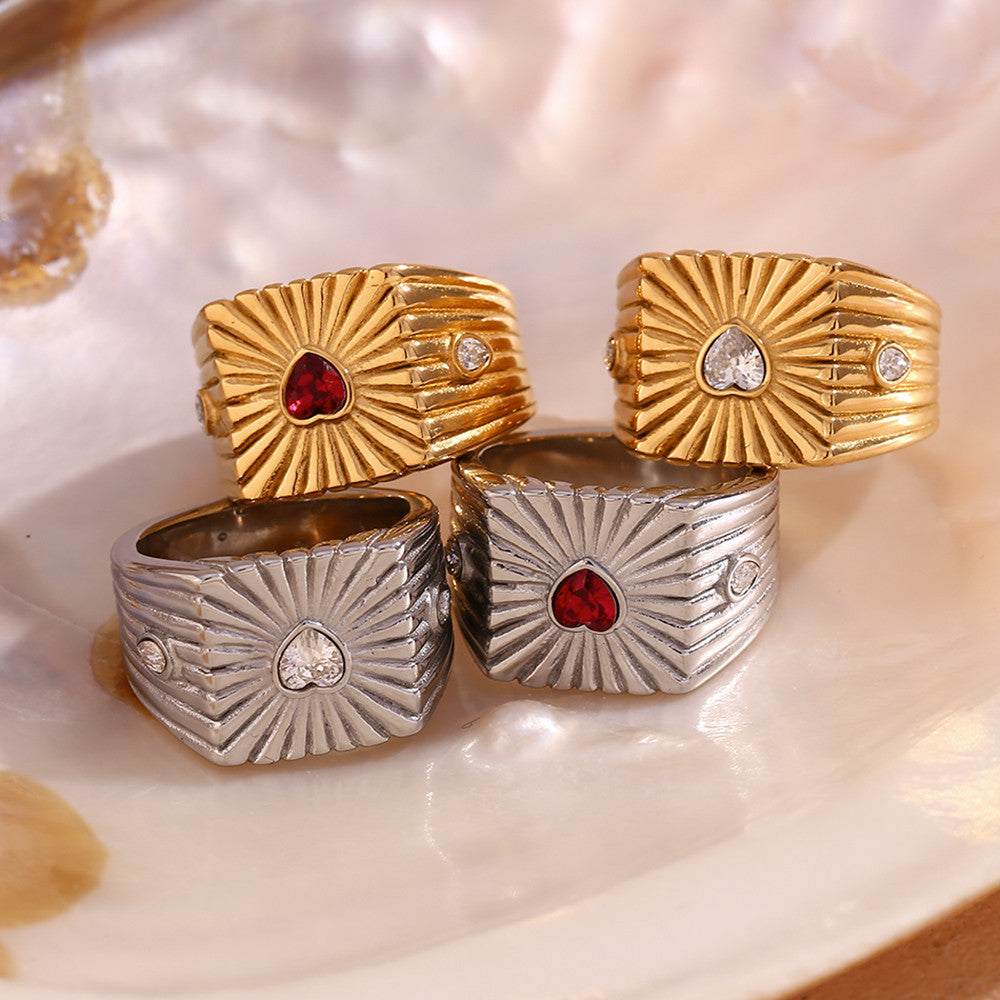 Ladies 18k Gold No Fading Stainless Steel Radiant Square Heart CZ Gem Rings