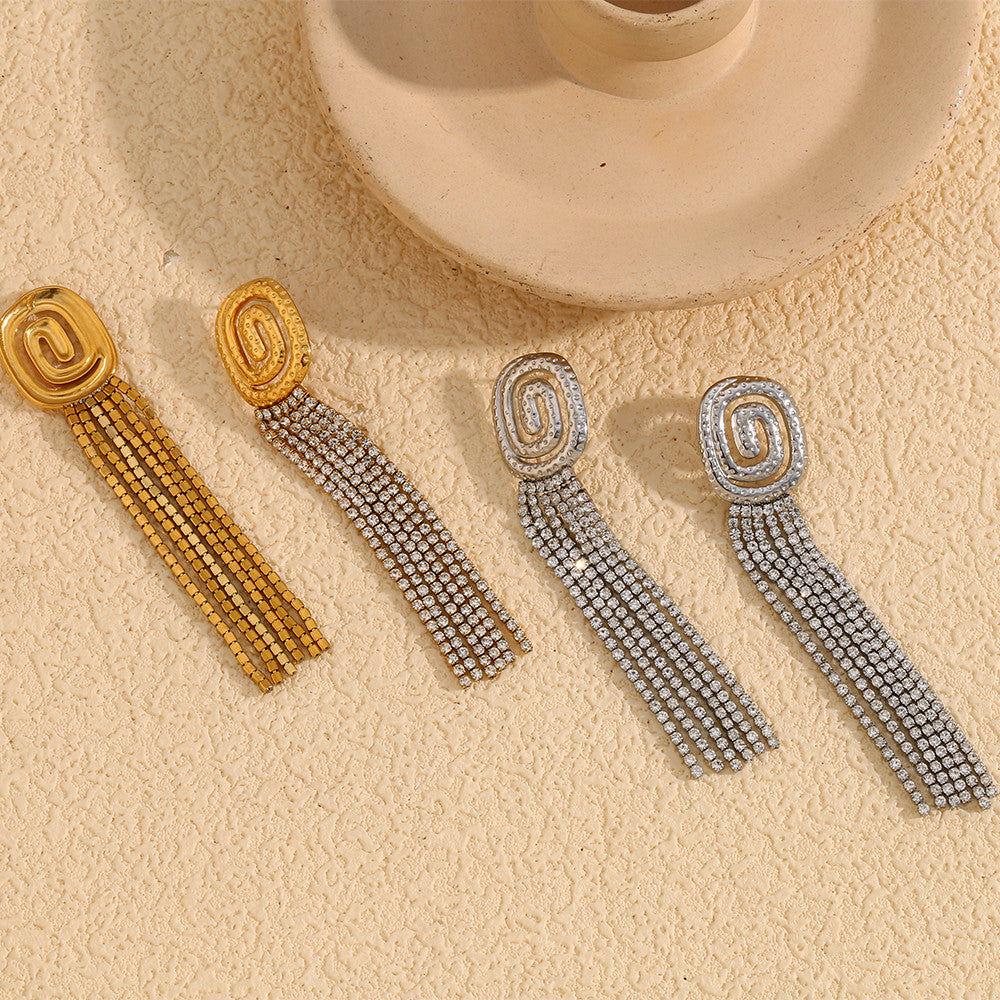 Ladies 18K Gold No Fade Stainless Steel Luxury Vortex Ful CZ Tassel Earrings