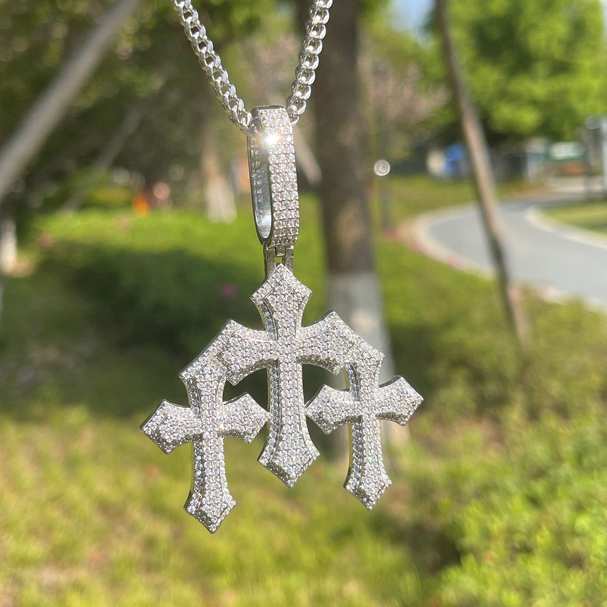 Flooded Ice Trinity Calvary Cross Hip Hop Pendant Chain Necklace