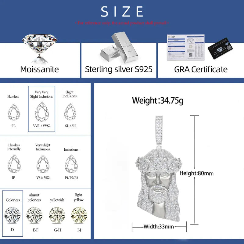 Prince Of Peace | Solid Sterling Silver Moissanite Diamond Jesus Hip Hop Pendant Chain
