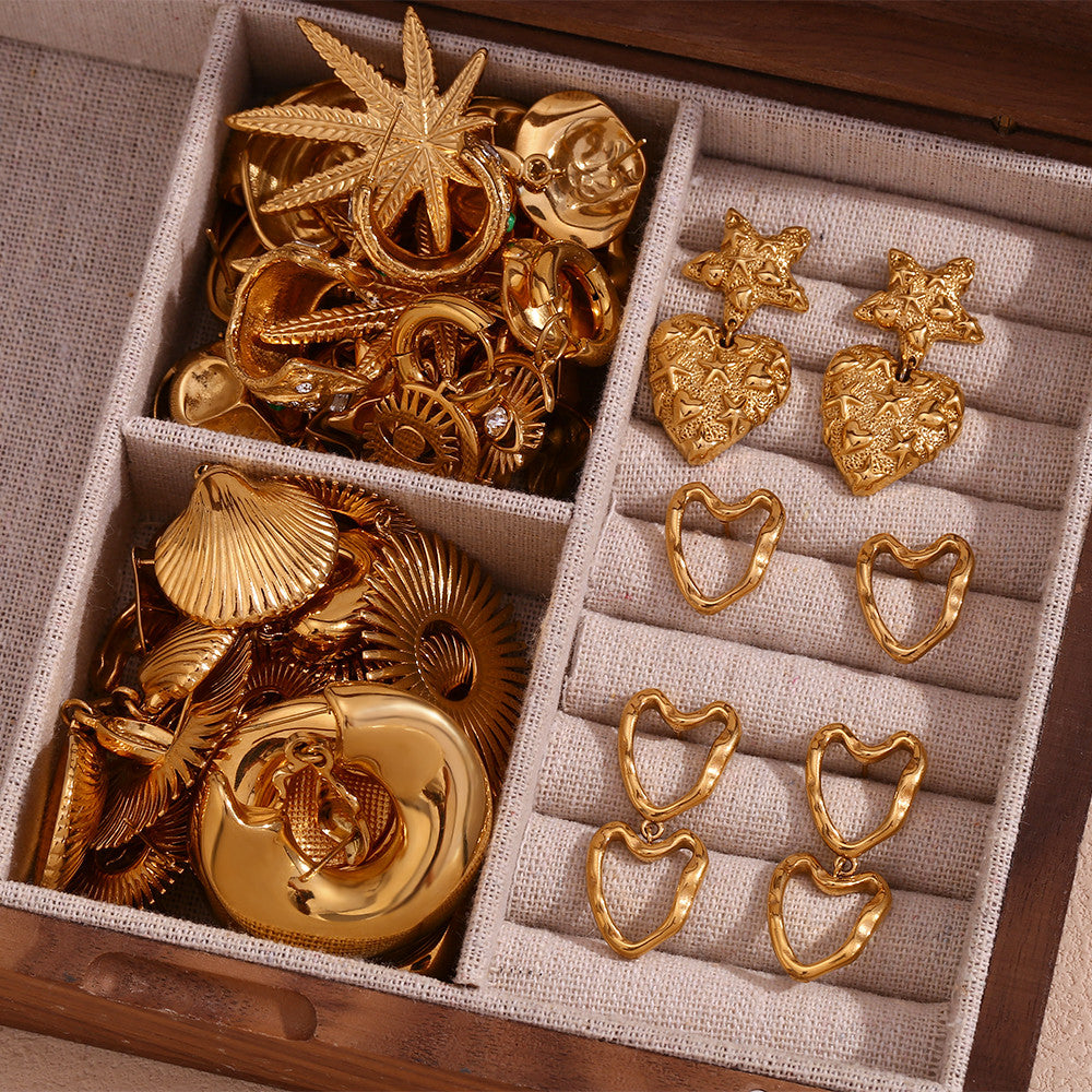 18k Gold Waterproof Starfish Love Circle Cochlear Conch Irregular Coconut Tree Bling Earrings