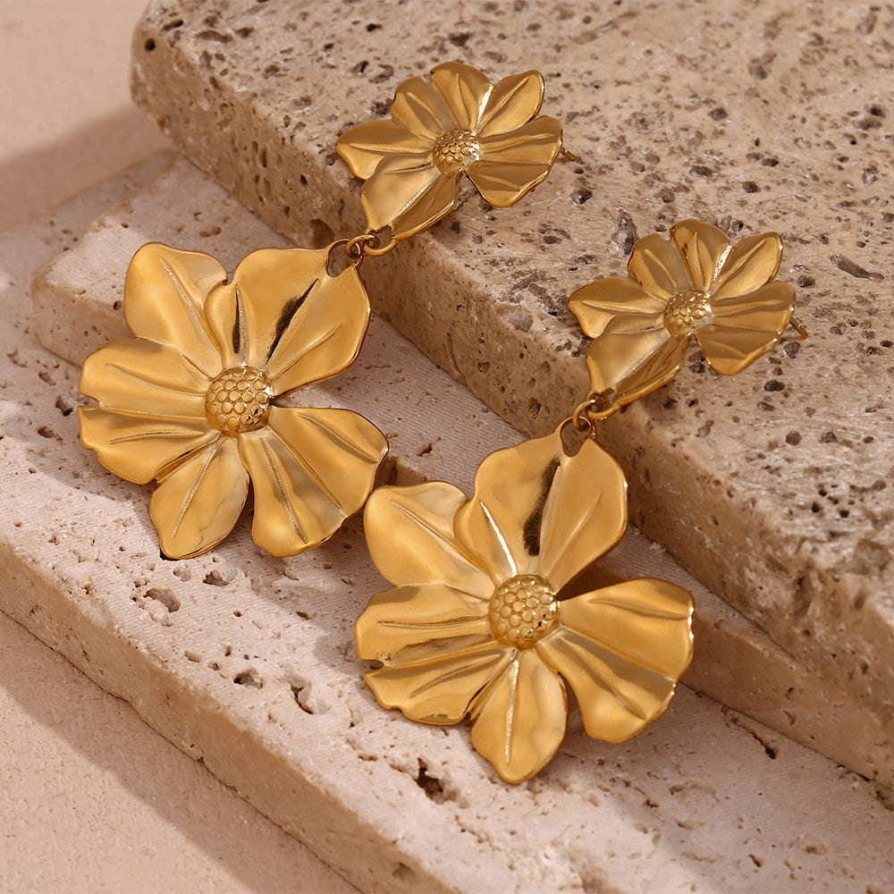 18k Gold Two Flower Stitching Drop Waterproof Tarnish Free Stainless Steel Earrings