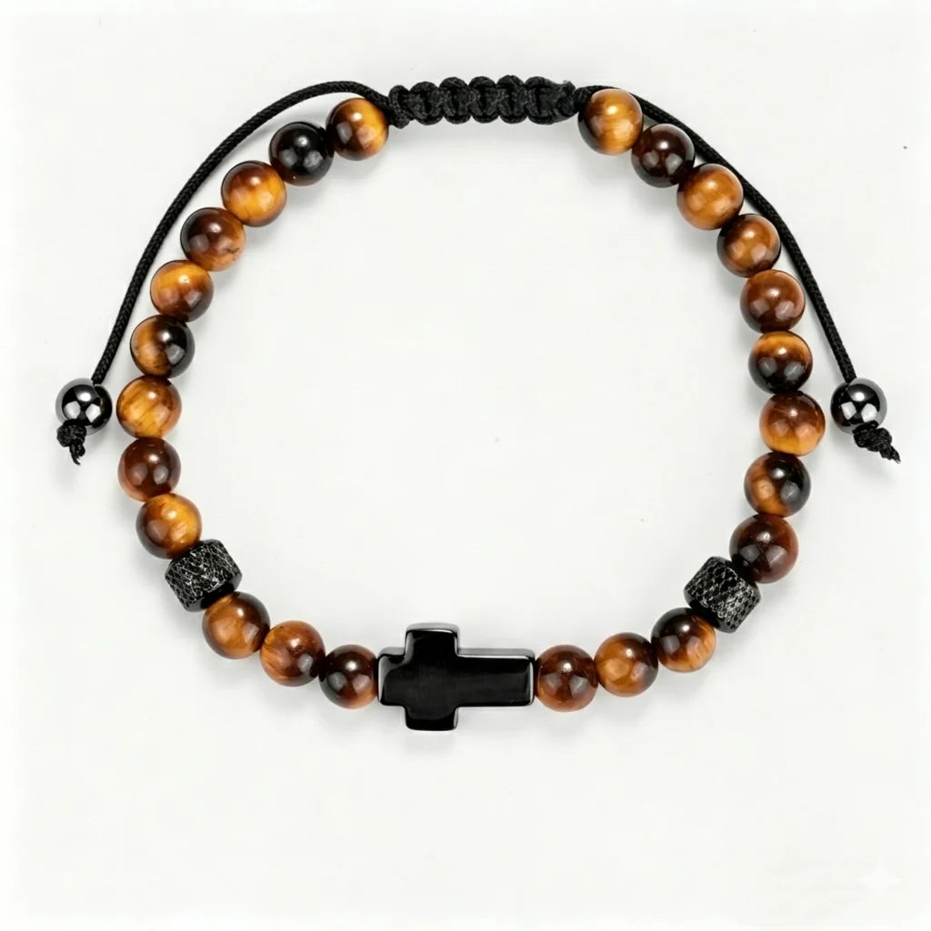 Daily Prayer | 316 Stainless Steel Polished Cross Tiger's Eye Stone Bead Luxury Bracelet