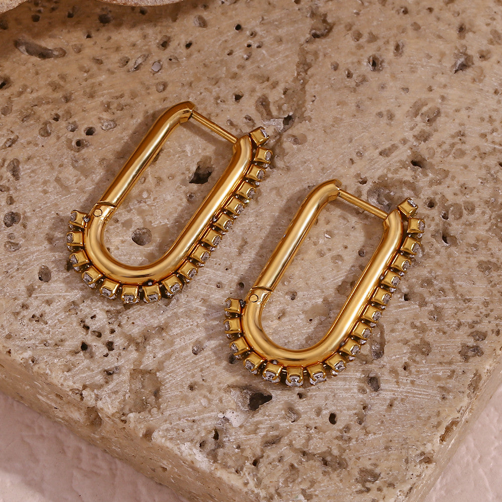 18K Gold Waterproof Stainless Steel Clip Shaped Cubic Zirconia Side Paved Hoop Earrings