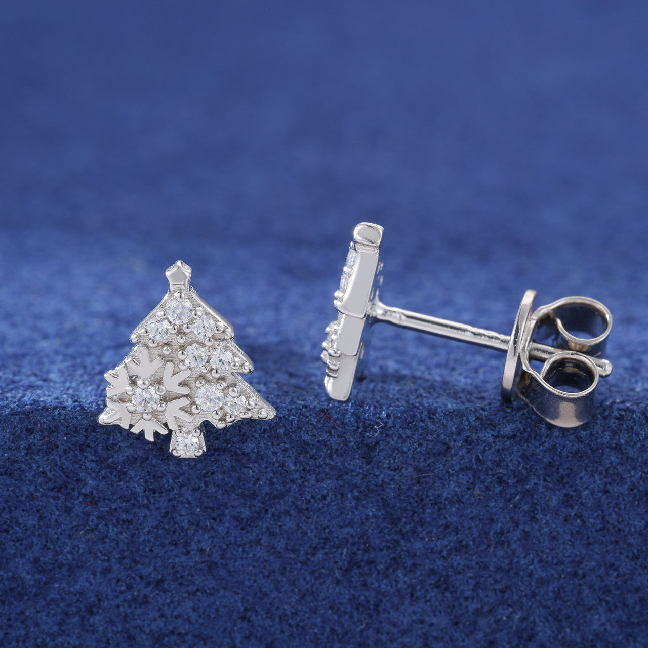 Christmas Tree Snow Flake Festive Holiday Moissanite Diamond Sterling Silver Party Stud Earrings