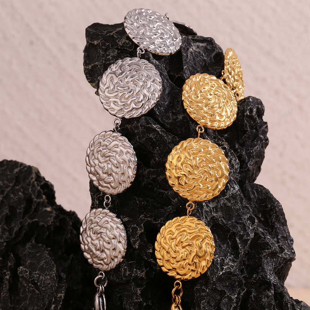 18k Gold Silver Circular Hammered Pattern Tarnish Free Stainless Steel Bracelet