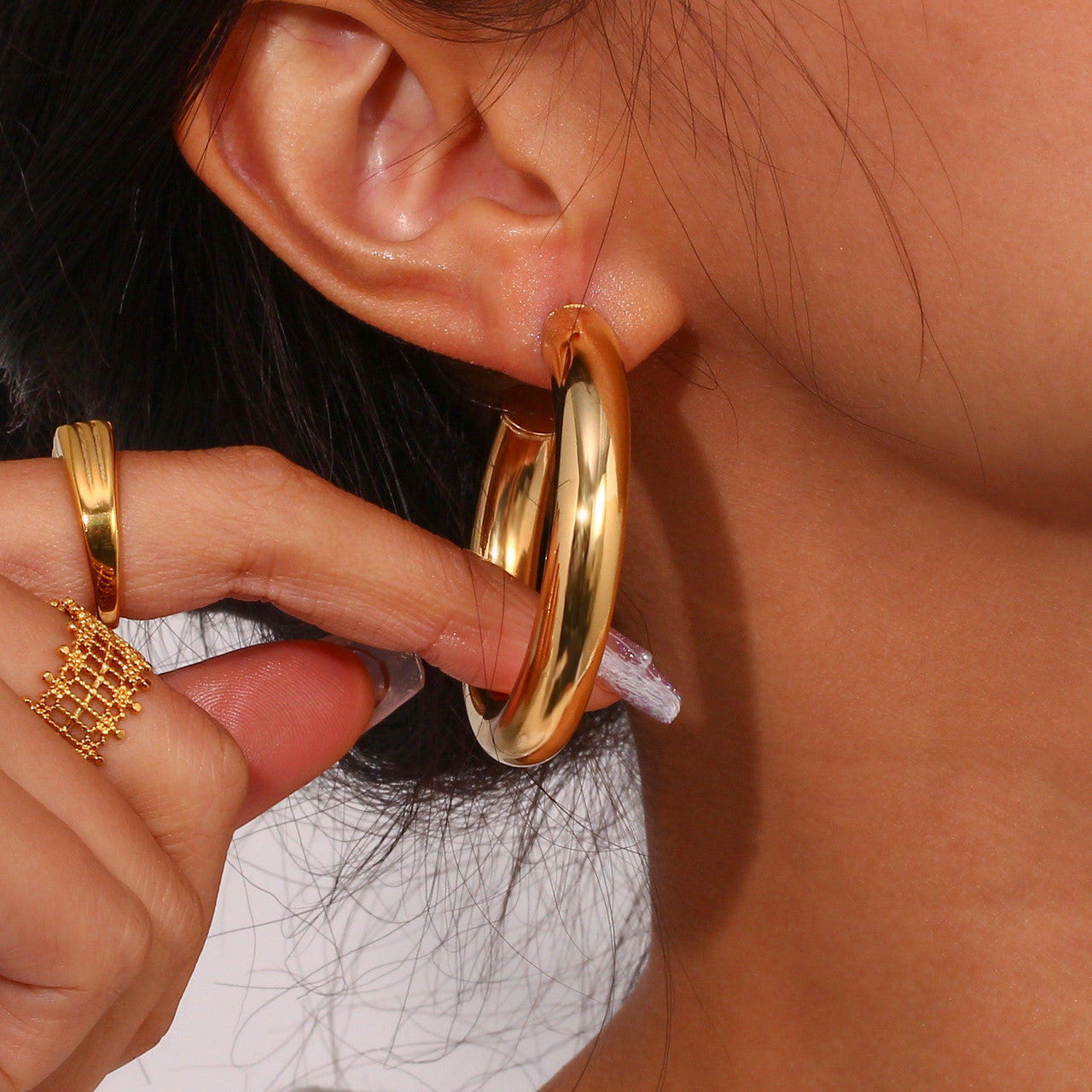 36MM 50MM 18K Gold Waterproof Stainless Steel Hypoallergenic Hollow Hoop Earrings