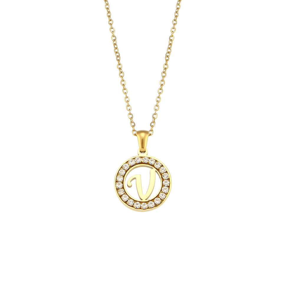 18k Gold Waterproof Hollow Round CZ Paved 26 Alphabet Initial Necklace