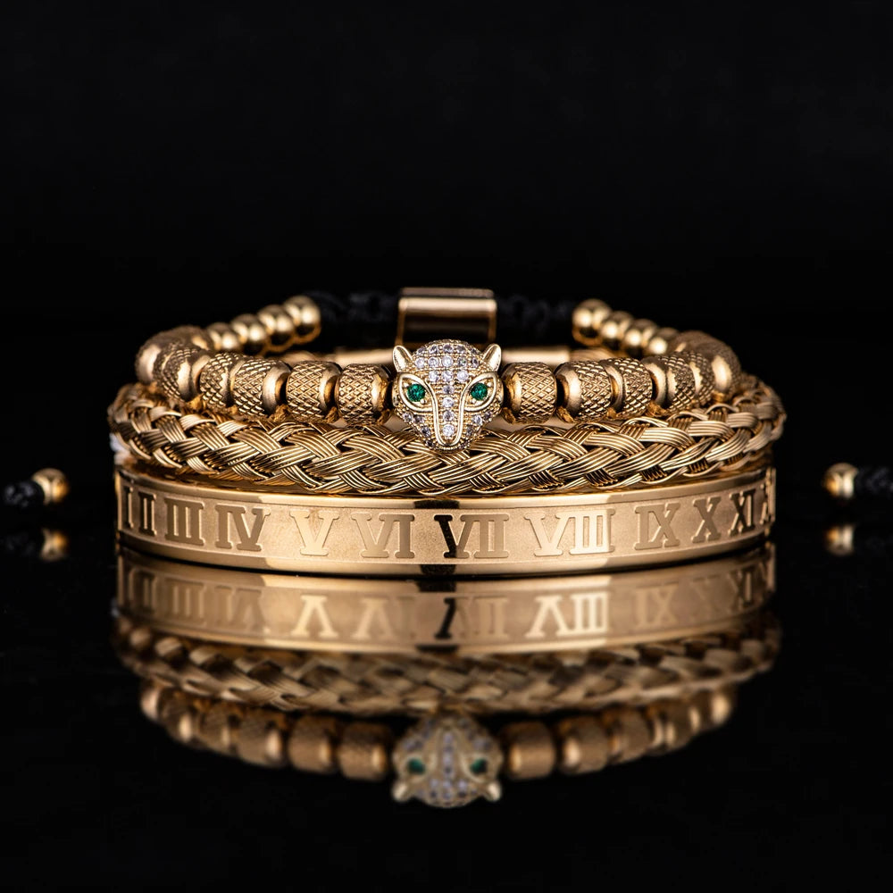 Men's Luxury Leopard Eye Roman Numeral Bangle VVS Diamond CZ Bling Bracelets