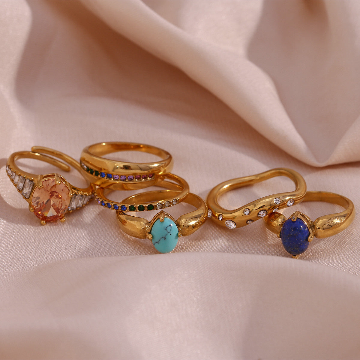 Stainless Steel Gem Lapis Turquoise 3A CZ 18k Gold Waterproof Bling Bling Rings