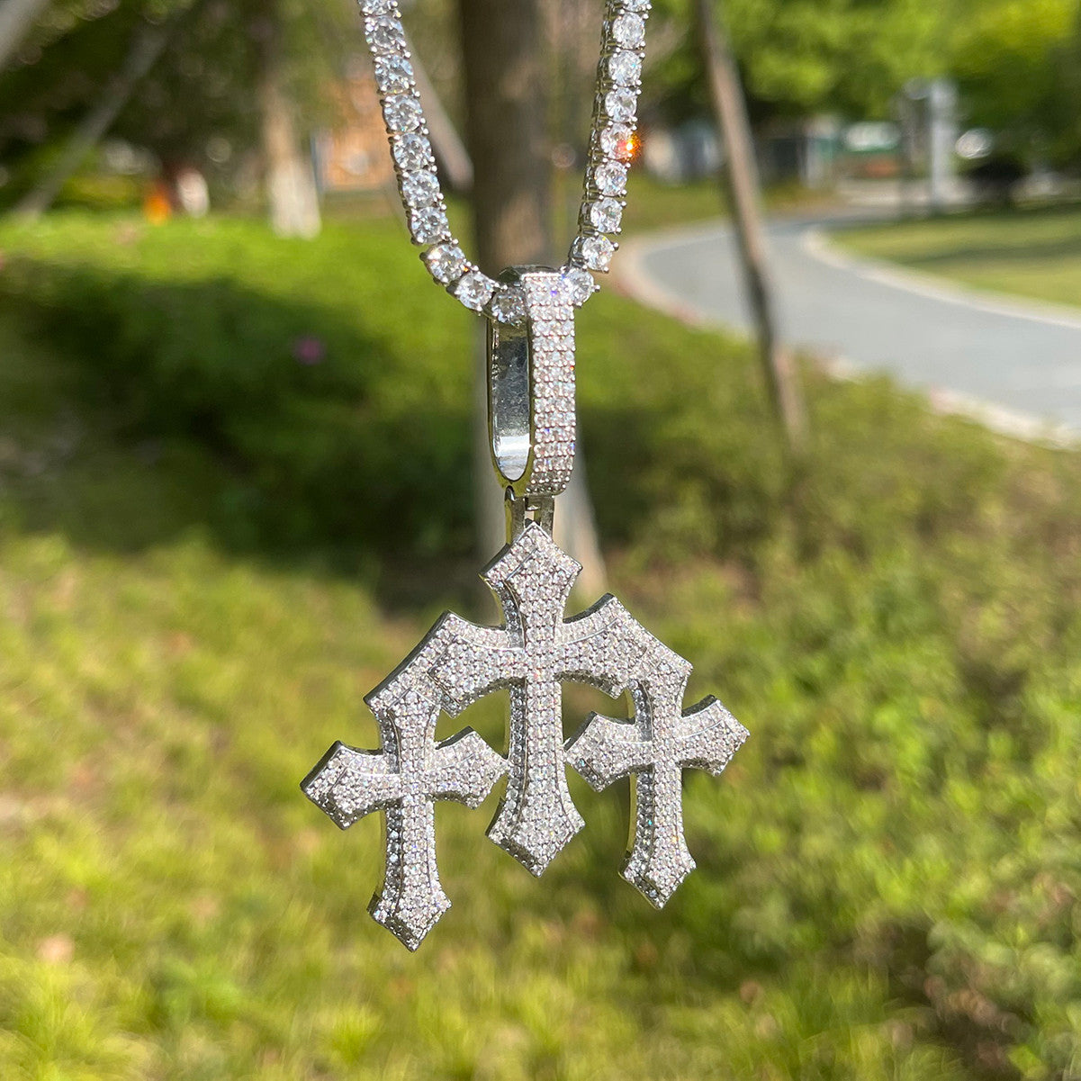 Flooded Ice Trinity Calvary Cross Hip Hop Pendant Chain Necklace