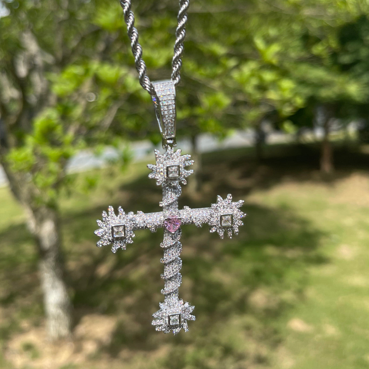 Pink Passion  | Prong Set Center Stone Heart Cross Iced Pendant Necklace