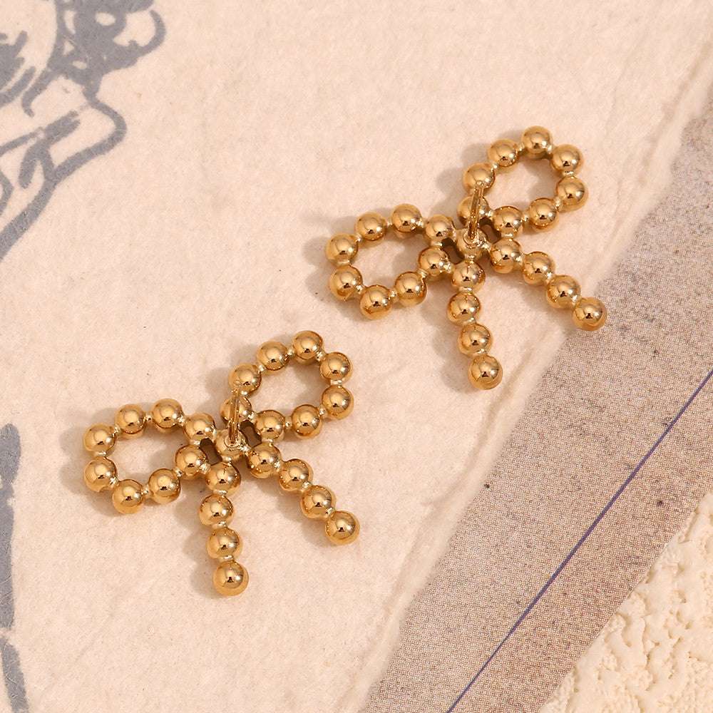 The Prize | 18k Gold Stainless Steel Waterproof Elegant Tiny Round Beads Bowknot Stud Earrings