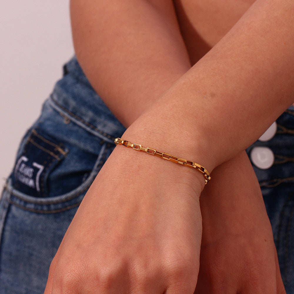 18k Gold Waterproof 3mm Long Box Link Stainless Steel Chain Necklace Bracelet Set