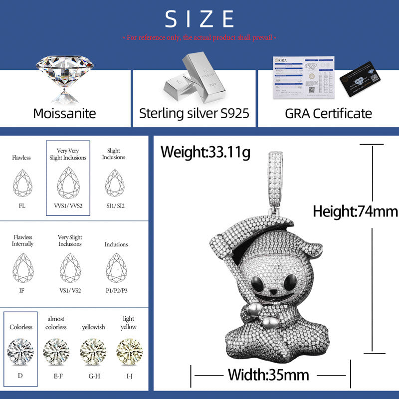 Kill'em Softly | Moissanite Diamond Solid Sterling Silver Baby Grimm Reaper Hip Hop Pendant