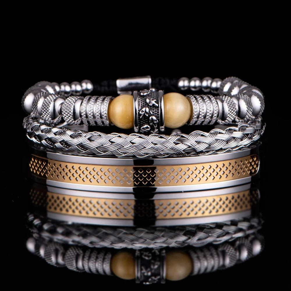 Tiger Eye | Natural Stone 3 Piece Stainless Steel Luxury No Fading Adjustable Bracelets