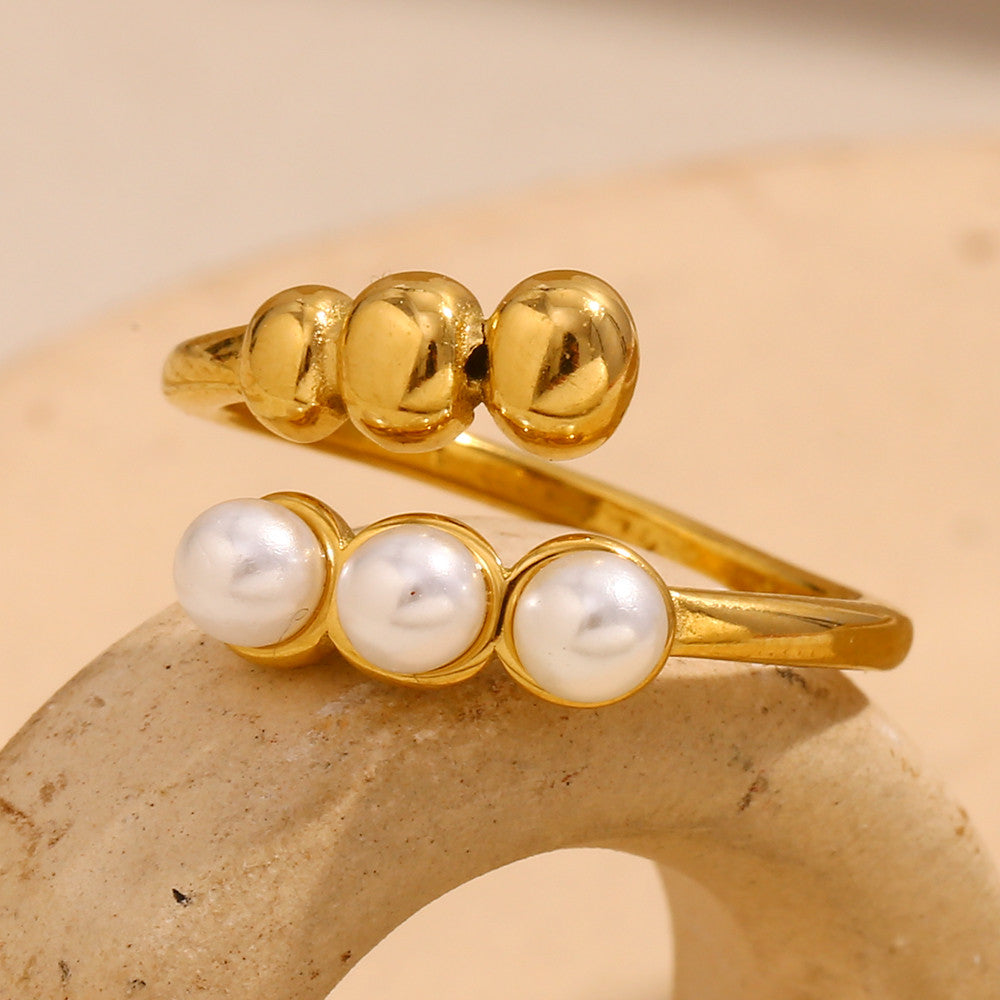 Ladies 18k Gold Elegant Round Pearl Beads Stainless Steel Waterproof Rings