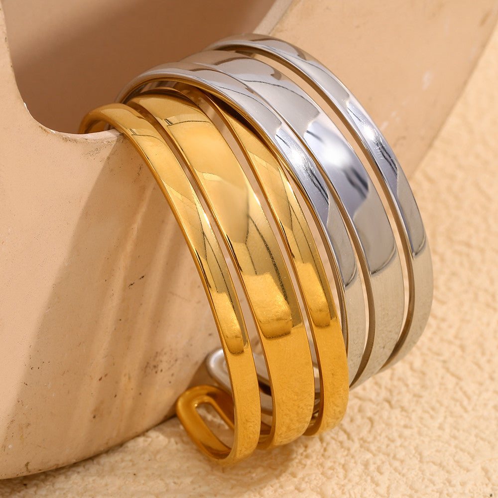 Ladies 18k Gold Stainless Steel Waterproof Wide Face Three Layer Bracelet