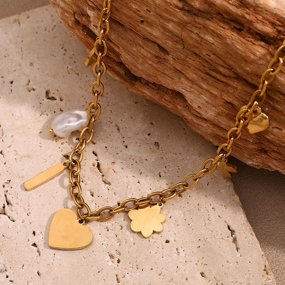 18k Gold Waterproof European Style Stainless Steel Pink Heart Pearl Pendant Necklace