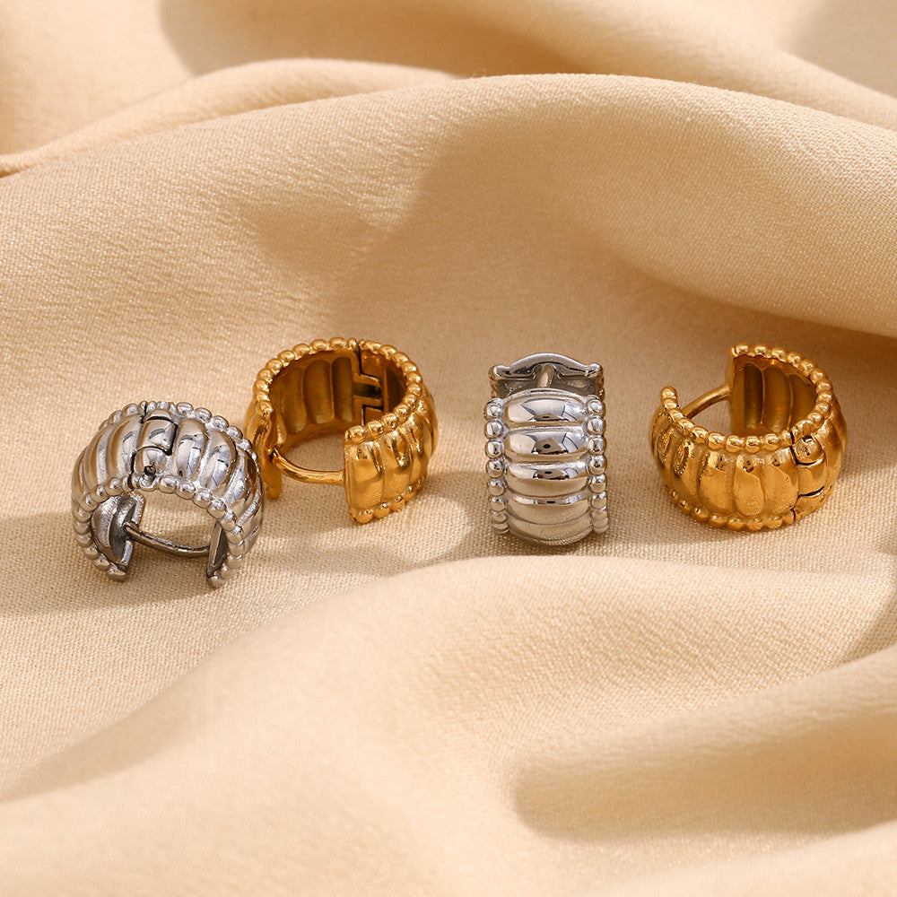 Ladies Beads Edge 18k Gold Stainless Steel Thread Pattern Round Hoop Earrings