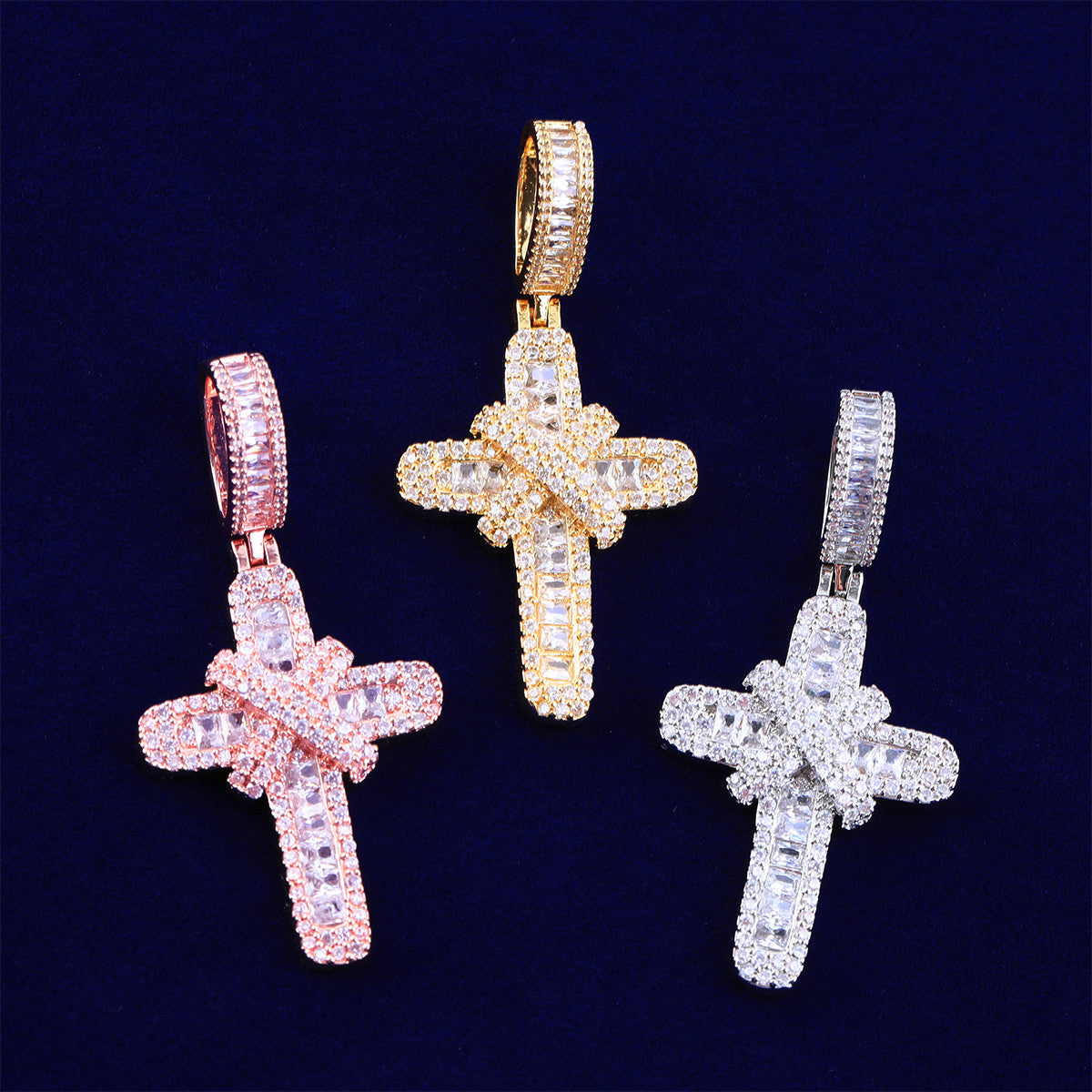 Ribbons of Ice | VVS Diamond CZ Baguette Cut Ribbon Cross Iced Blinged Out Pendant