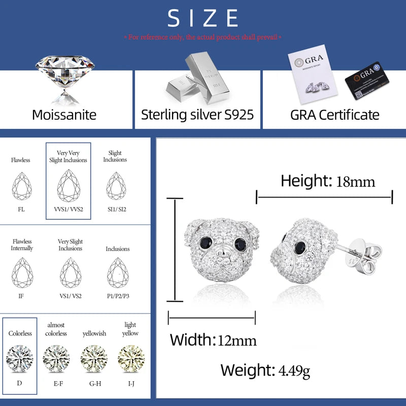 Pockets The Pup | Puppy Dog 925 Sterling Silver Moissanite Diamond Iced Blinged Out Earrings