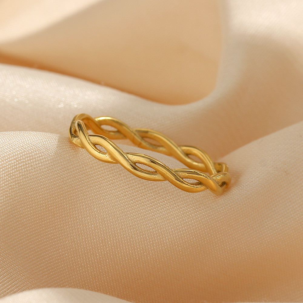 Ladies 18k Gold Stainless Steel Waterproof Braided Twisted Thin Gold Rings