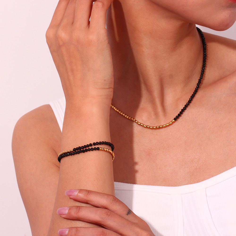Layered Obsidian | 18k Gold No Fade Stainless Steel Beads Double Layers Wrap Necklace Bracelet Set