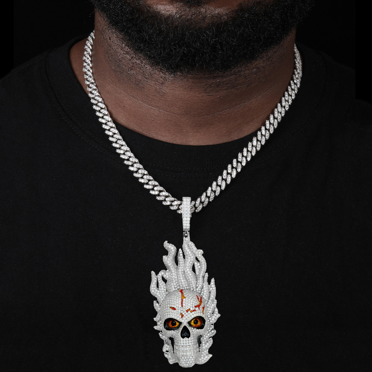 Fire Skull | Solid Sterling Silver VVS Diamond Moissante Hip Hop Pendant