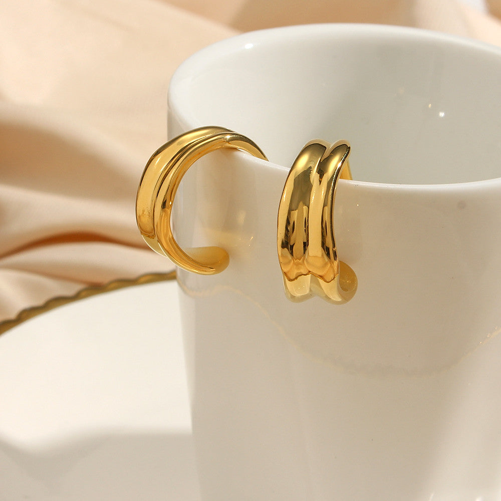 Stainless Steel Waterproof Textured 18k Gold High Polished Hoop Earrings