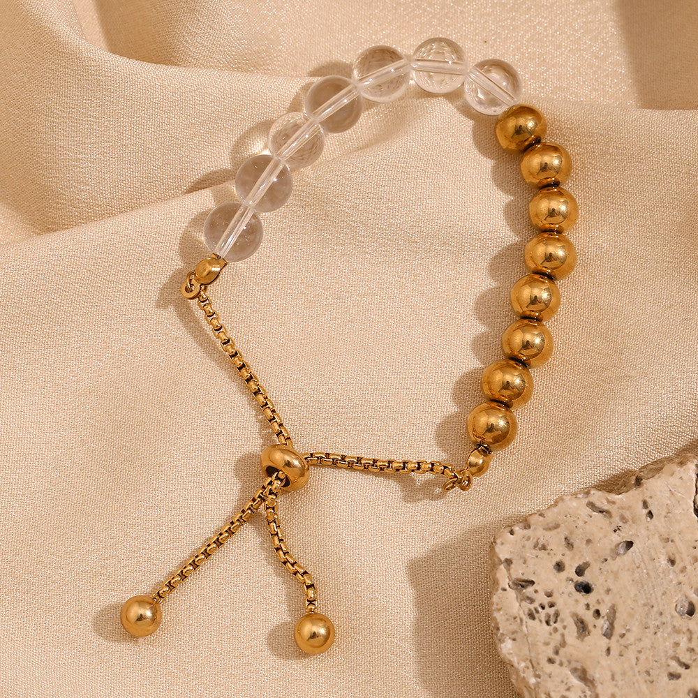 18k Gold Waterproof Clear Acrylic Half Stainless Steel Beads Adjustable Bracelet