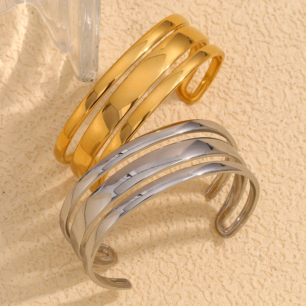 Ladies 18k Gold Stainless Steel Waterproof Wide Face Three Layer Bracelet