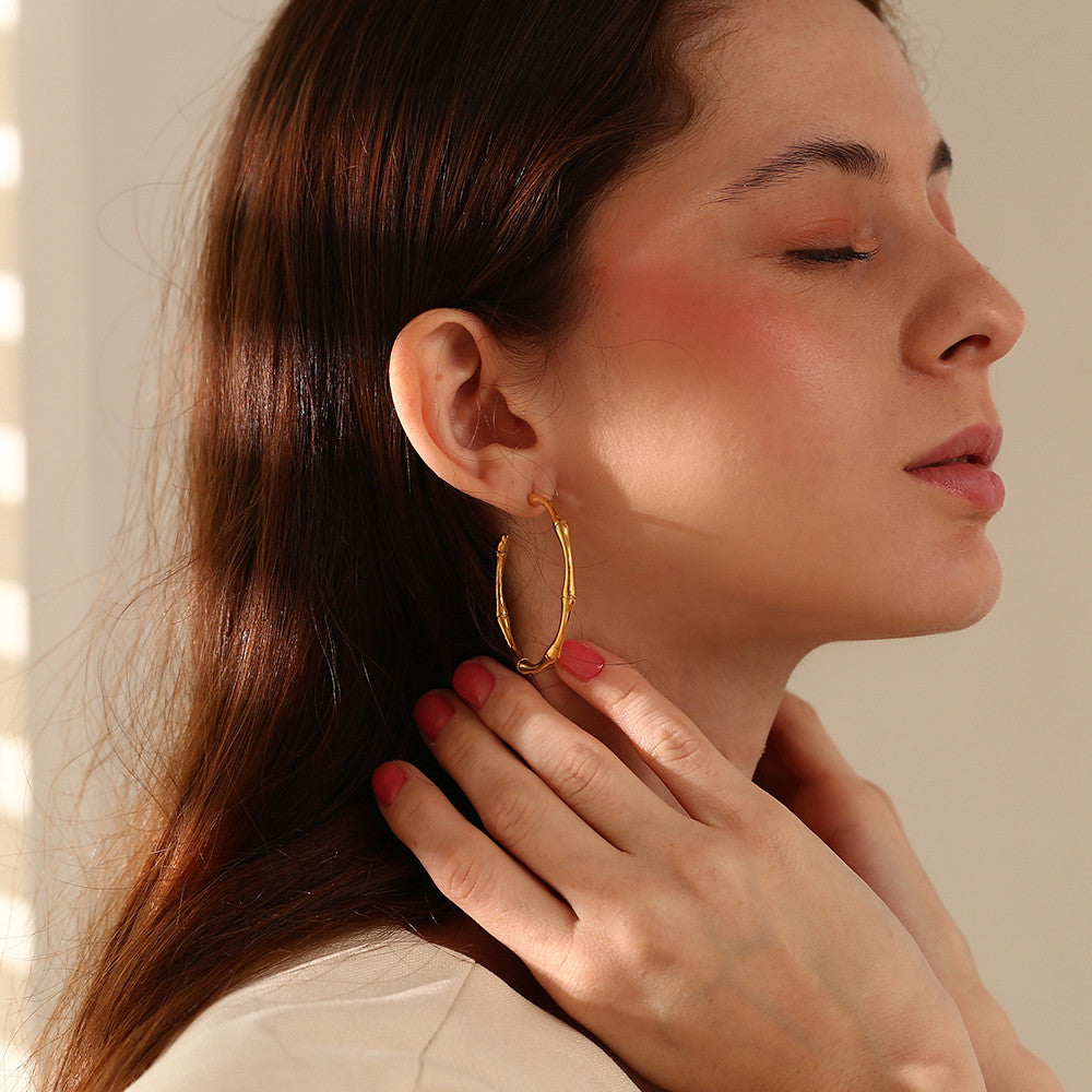 18k Gold Thin Bamboo Large Gold Big Hoop Waterproof Stainless Steel Hip Hop Earrings