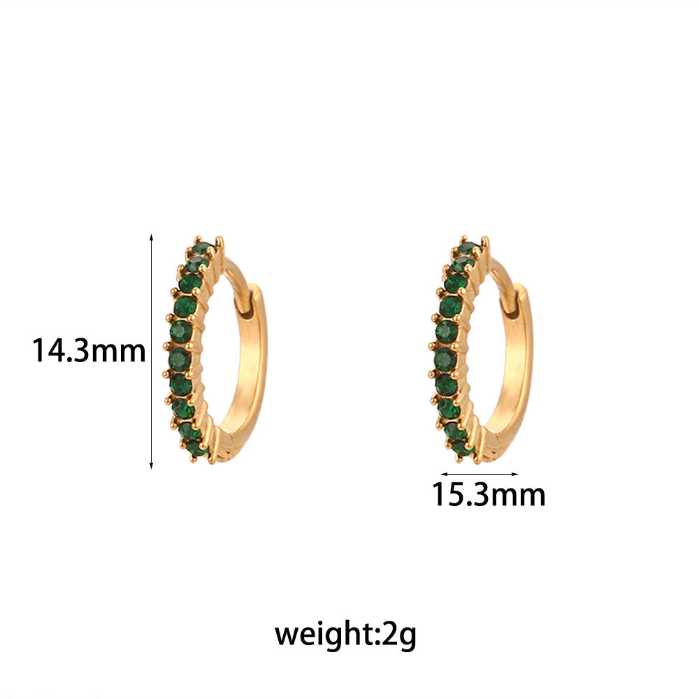 18k Gold over Stianless Steel Waterproof Green Round CZ Paved Huggie Hoop Earrings