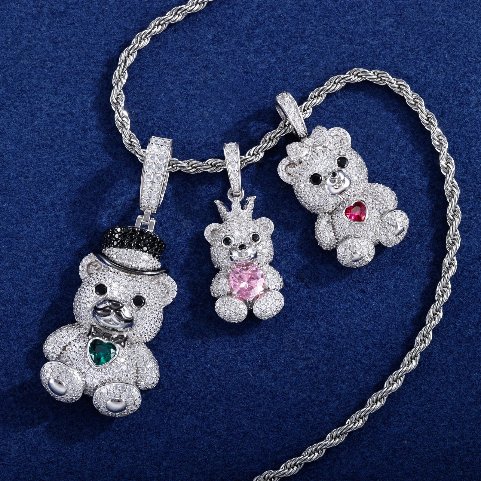 Gentleman Bear Family | 925 Sterling Silver Moissanite Diamond Iced Blinged Out Pendant