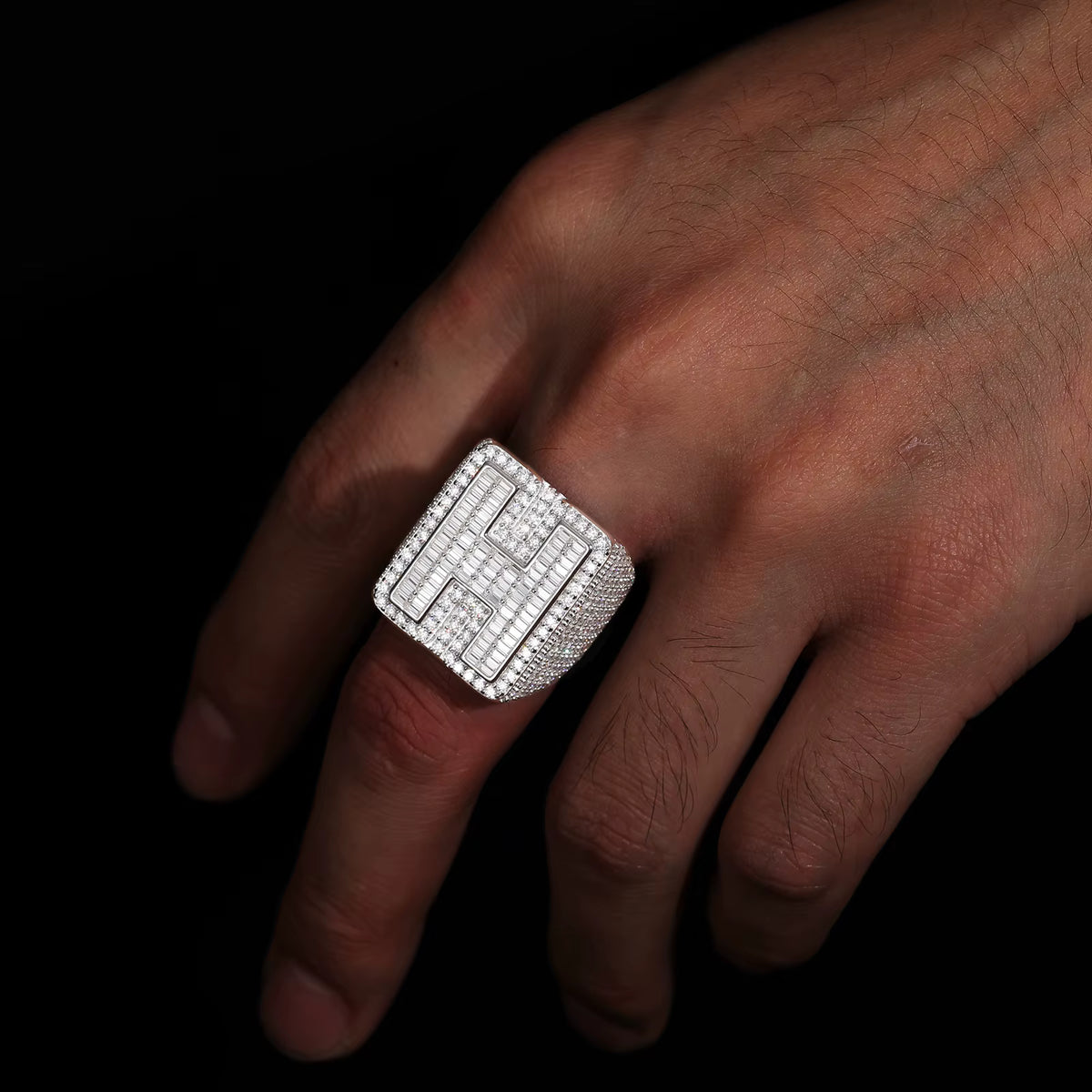 The Alpha II | Moissanite VVS Diamond Baguette Solid 925 Silver Initial Letter Hip Hop Rings
