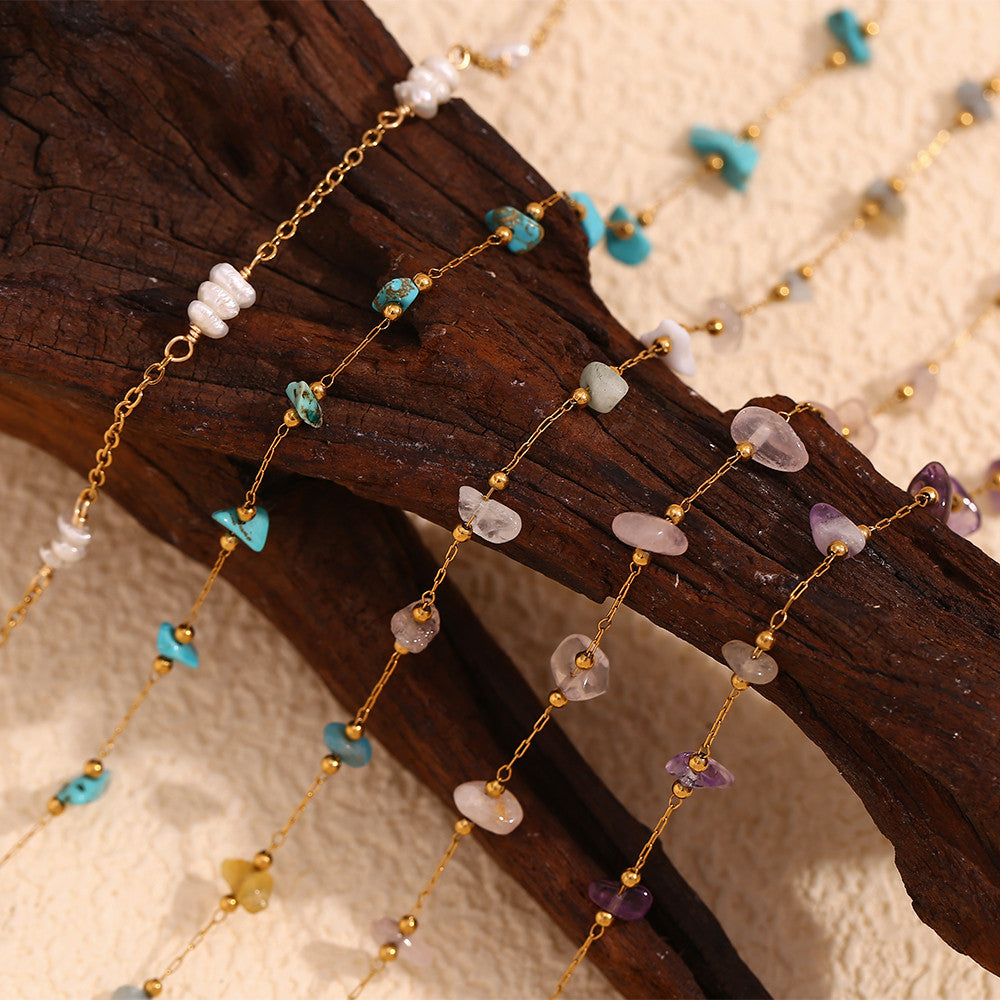 18k Gold Stainless Steel Natural Crushed Stone Handmade Waterproof Anklet Ankle Bracelets