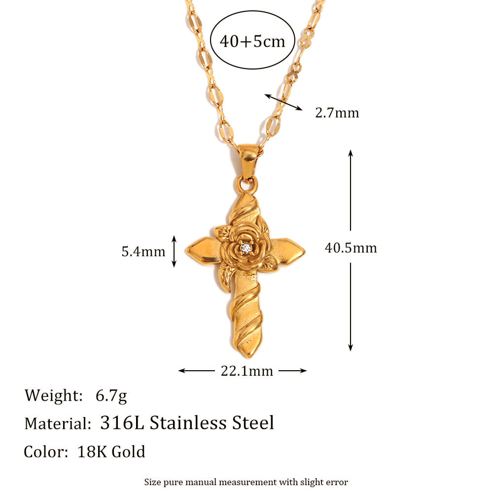 18k Gold Waterproof Rose Flower Bling Stainless Steel Hip Hop Cross Pendant Necklace